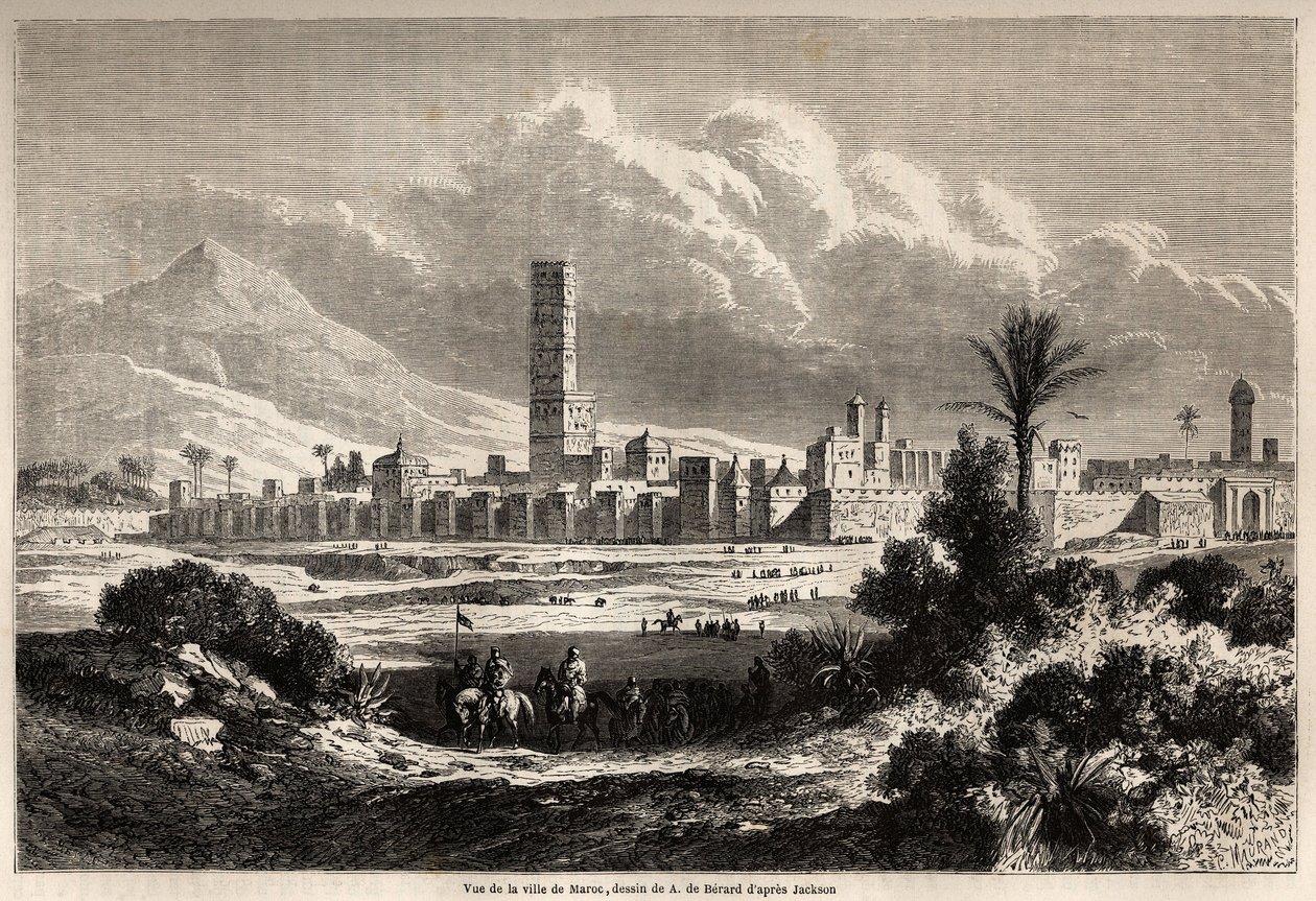 オーギュスト・ド・ベラール（1824-1881）が描いたマラケシュ（旧モロッコ）の街の風景、1860年のF.Schickler氏のモロッコ旅行を説明するために描いたもの。パリの "Le tour du monde, nouveau journal des voyages "に掲載されたもの。 作： Evremond de（後）Berard