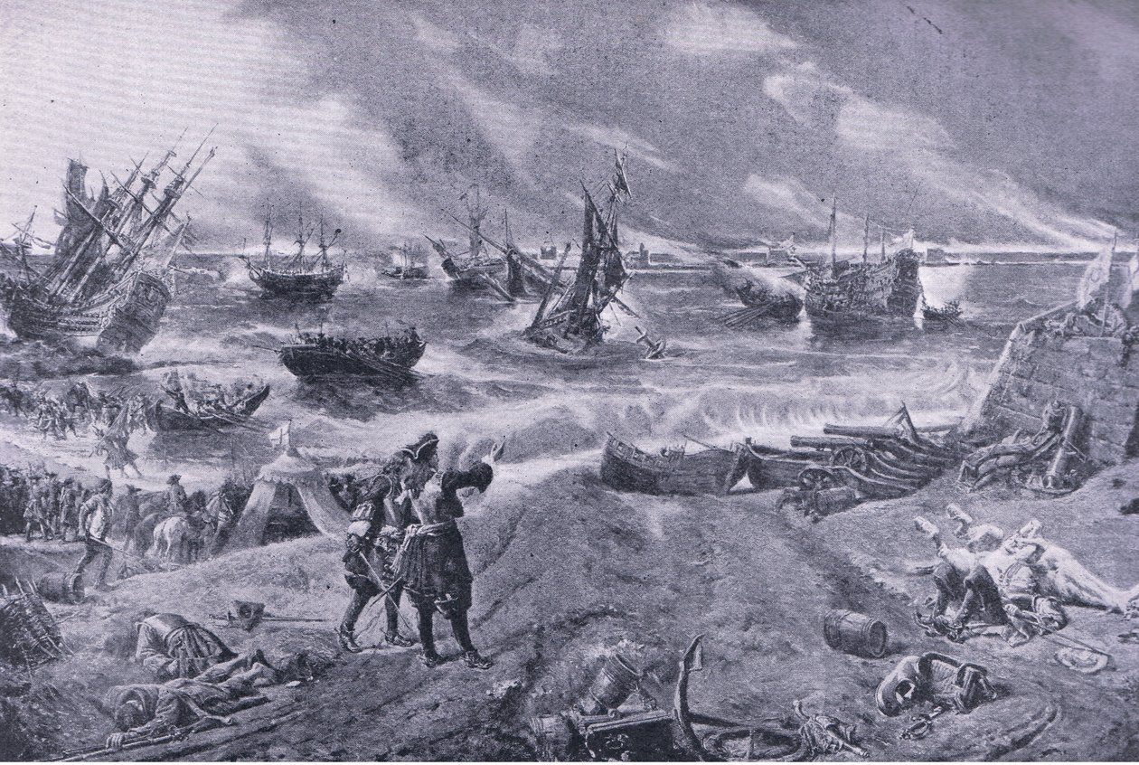 1692年5月23日、ラホグの戦いでのジェームズ2世、1915年の陸と海でのイギリスの戦いのイラスト 作： Eyre Crowe