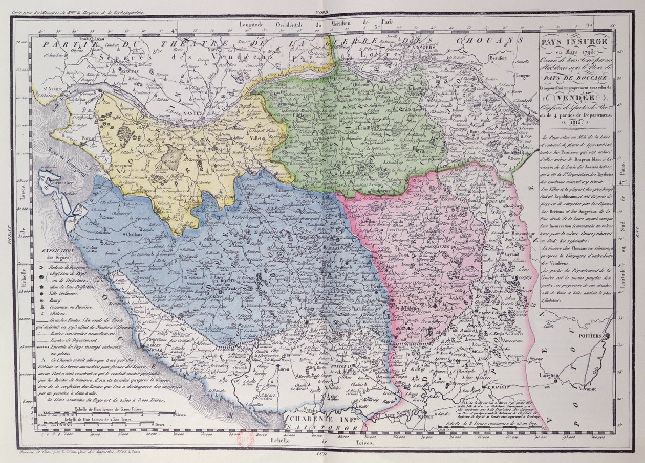 1793年3月1815年頃のヴァンデアンの反乱（1793-96）の領域を描いたヴァンデの地図（カラー彫刻） 作： F.コリウ