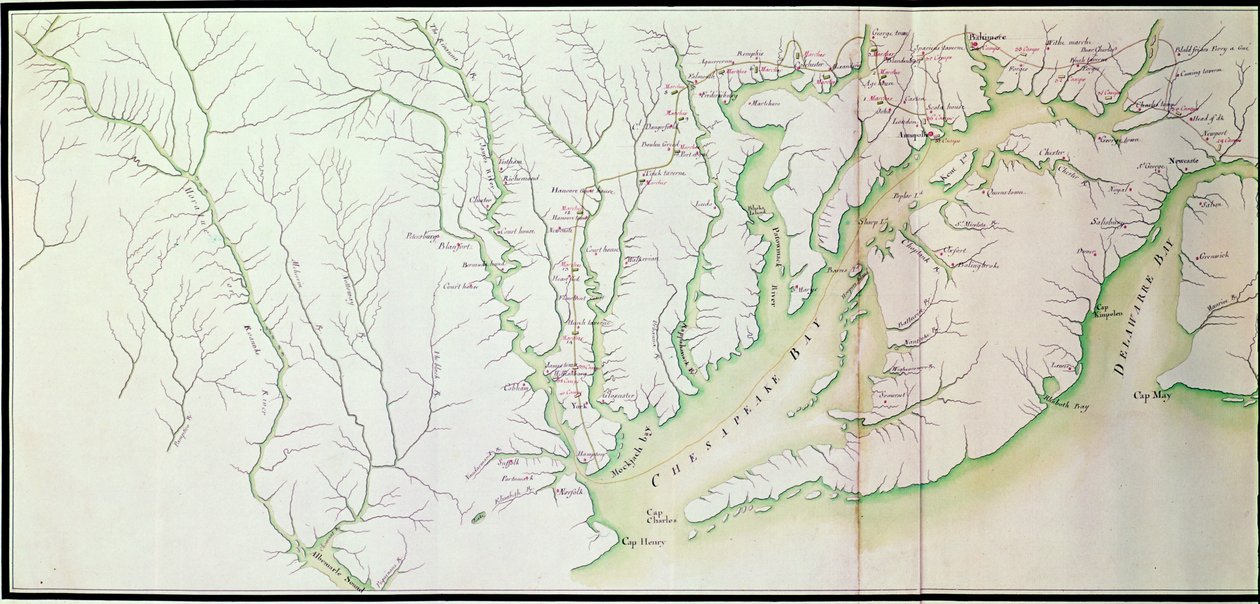 ロシャンボーの命令によるアメリカのキャンプと軍の行進の一般的な地図、左側の詳細、ゲールデラメリク作、c.1780-81カラー彫刻440787も参照 作： F.デュブール