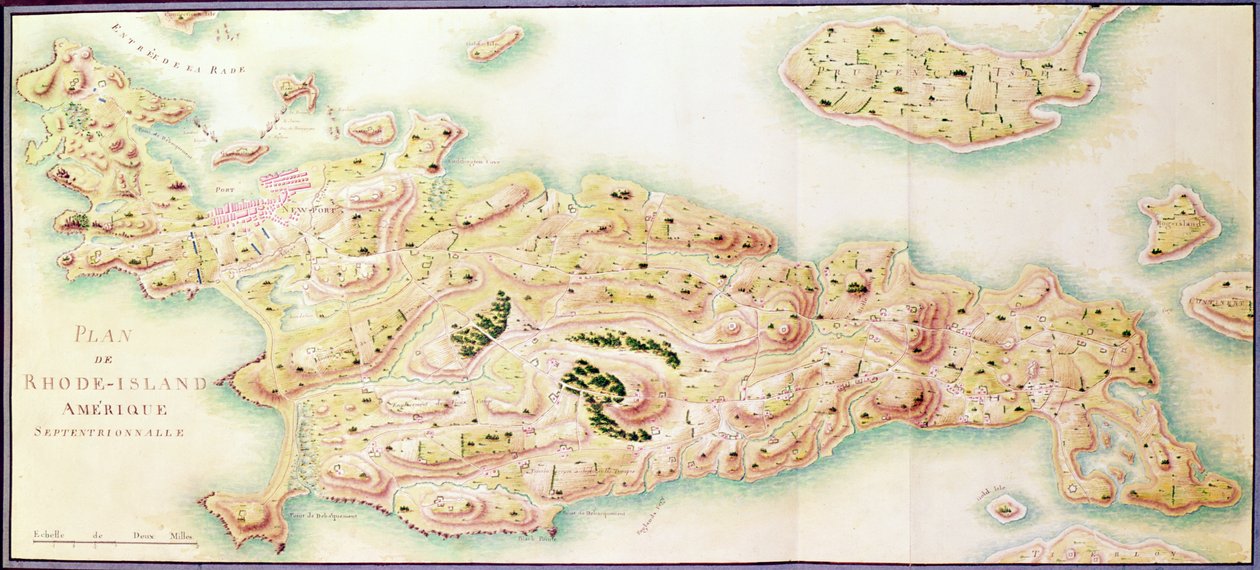 「アメリカ戦争」からのロードアイランドの地図、c.1780-81（カラー彫刻） 作： F.デュブール