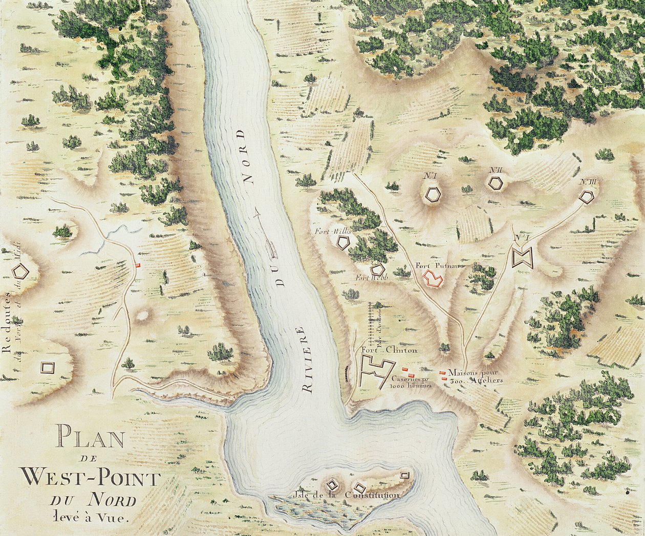 1782年の「ゲレドゥラメリク」からのヴァージニア北ウエストポイントの地図（色の彫刻） 作： F.デュブール