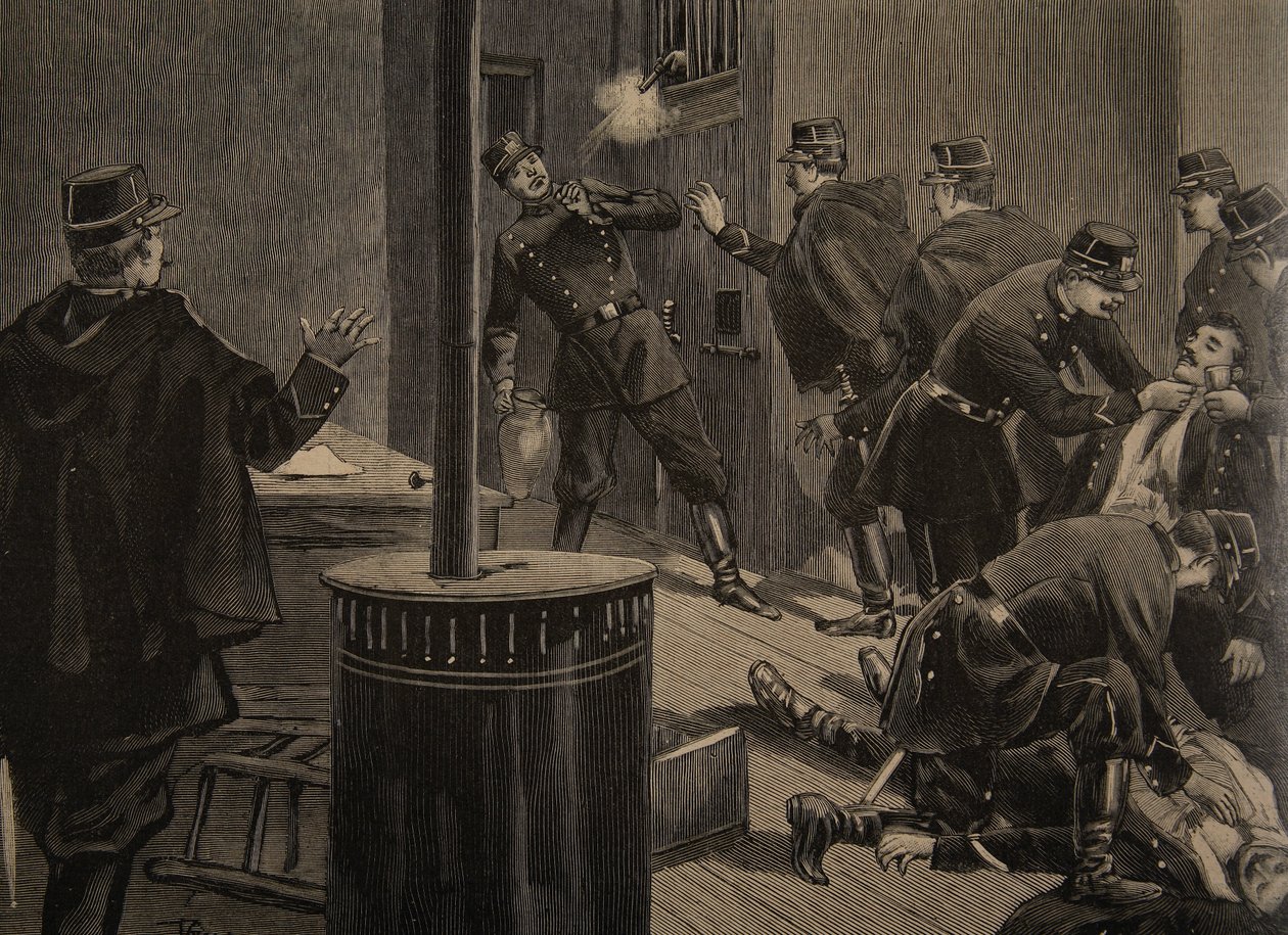 アナキストが火格子から撃つエティバント、「Le Petit Journal：Supplement illustre」のイラスト、1898年1月30日 作： フロリダ州およびトファニ、オズワルド・ミーレ