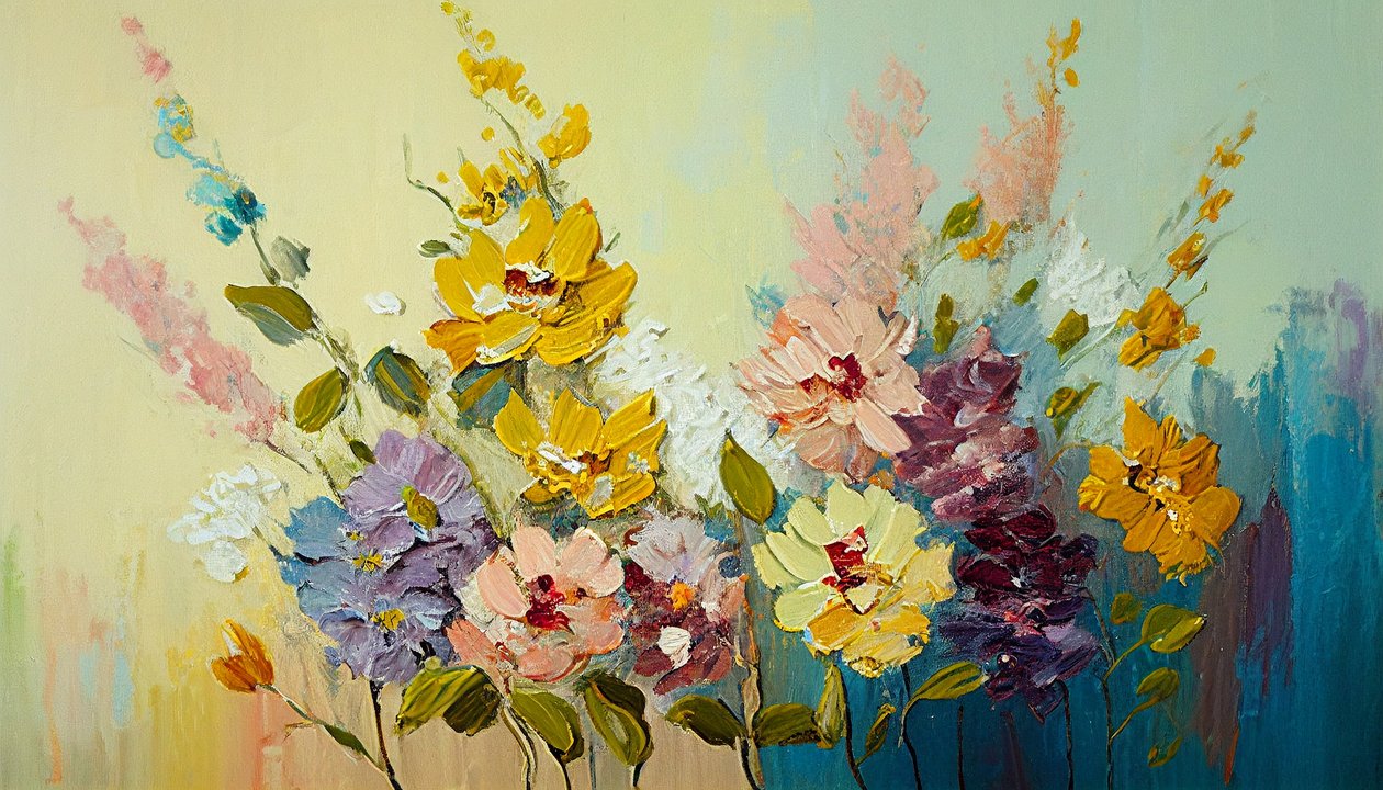 花瓶に生けられたアンティークの花、キャンバスに描かれた抽象的な花、ウォールアートプリント 作： ファフタリ・アブデラヒム