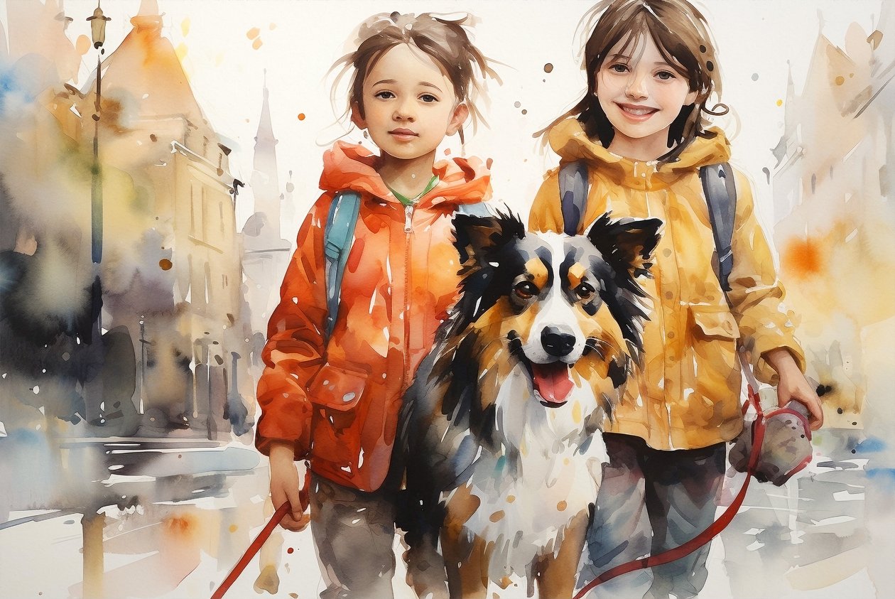 犬と子供の水彩肖像画、壁掛けアート、canvaプリント 作： ファフタリ・アブデラヒム