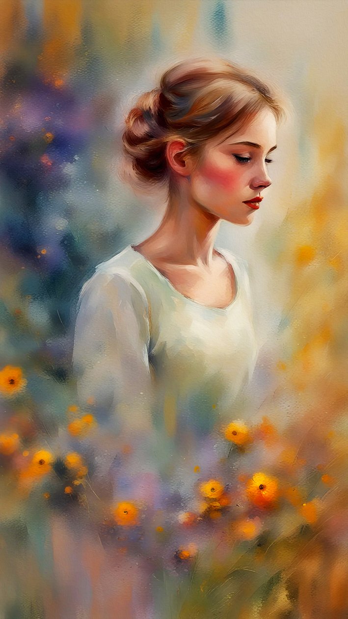 キャンバスに描かれた美しい若い女性の肖像画と花、鮮やかな色彩の壁掛けアートプリント 作： ファフタリ・アブデラヒム