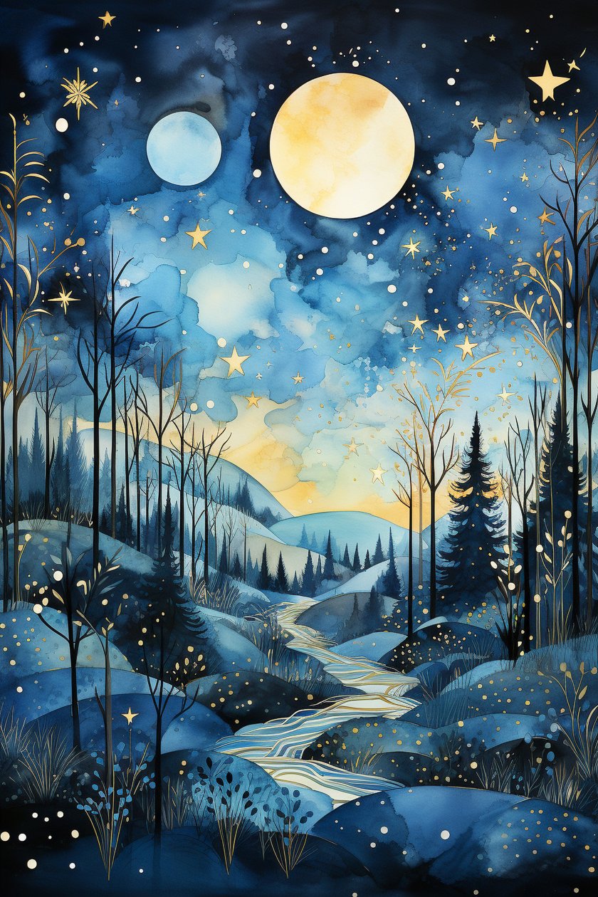 天のささやき：青い夜空の抽象的な水彩画 作： ファフタリ・アブデラヒム