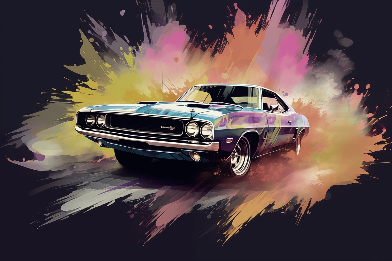 古いアメリカ車、70年代と60年代、抽象画、ウォールアートプリント 作： ファフタリ・アブデラヒム