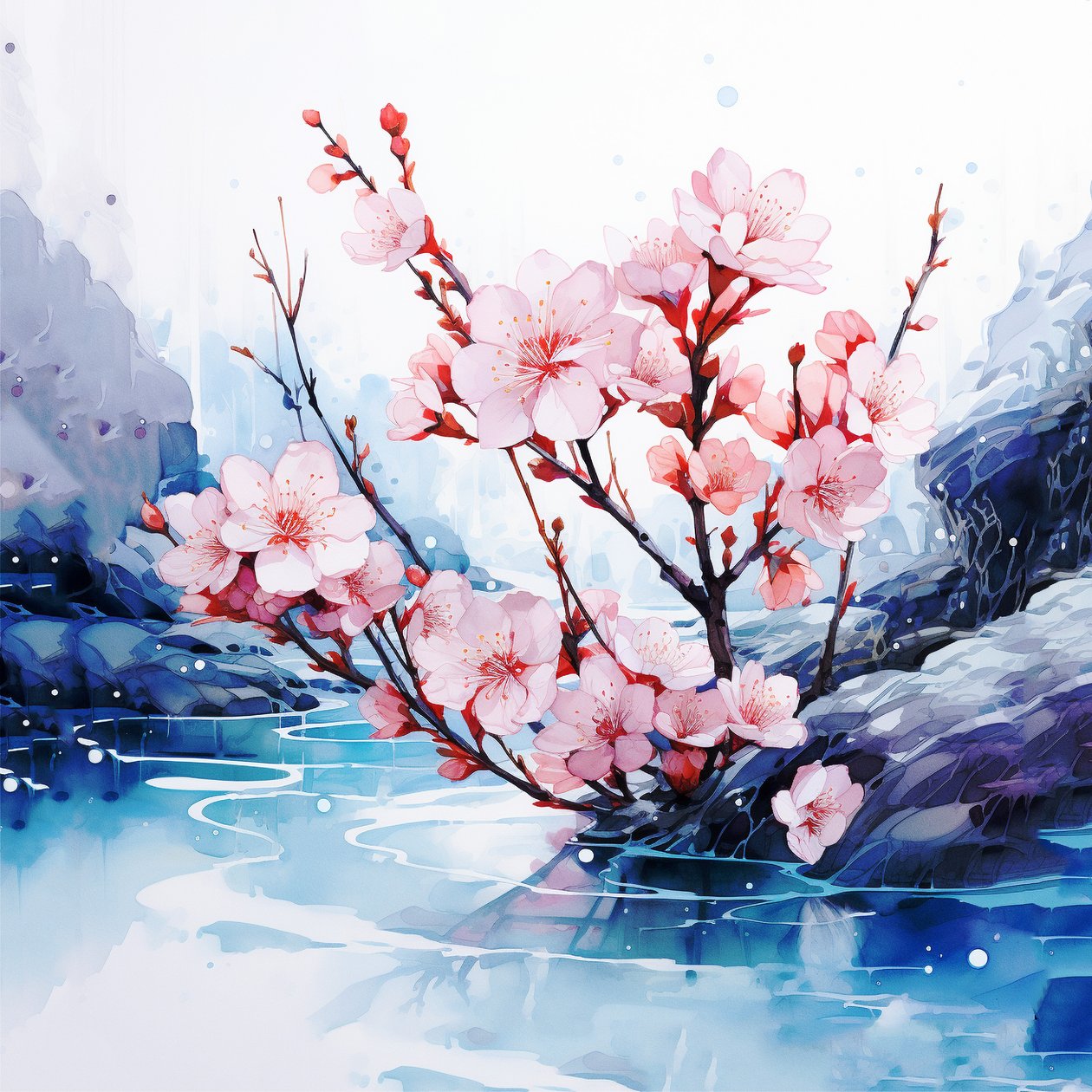 超現実的な水彩画 日本の桜の花、壁 アートプリント 作： ファフタリ・アブデラヒム