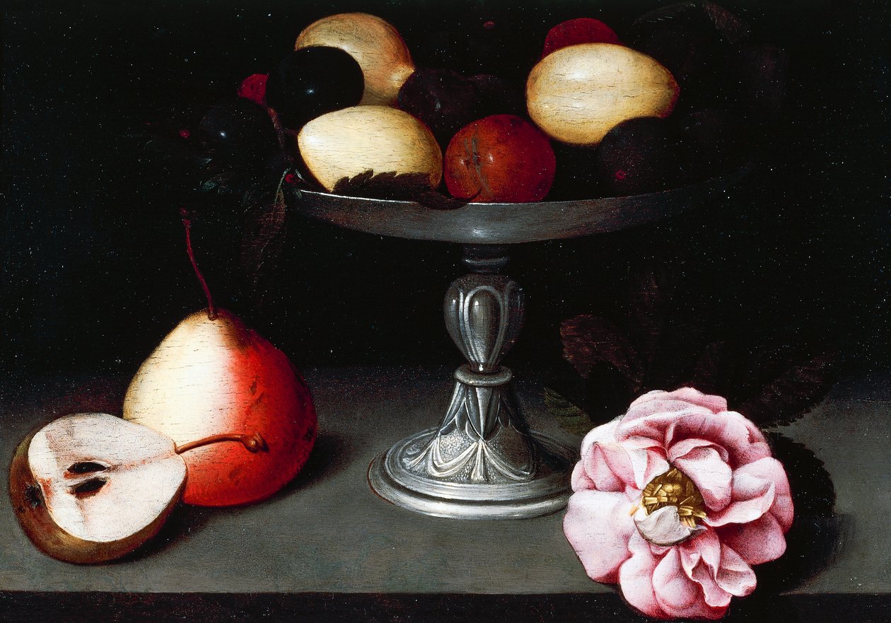 プラム、ナシ、バラのスタンド、1602年頃、Fede Galizia（1578-1630）作 作： フェーデガリツィア