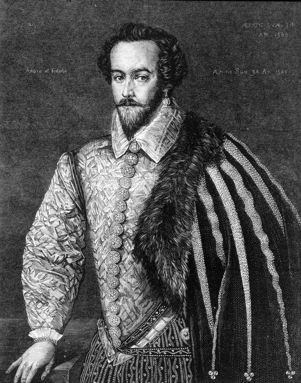 ウォルター・ローリー卿（1554 - 1618）の肖像。1588年にフェデリコ・ズッカロ（またはズッカリ）（1549 - 1609）が描いたとされる絵の後に描かれた版画。 作： フェデリコ（後）ズッカリまたはズッカロ