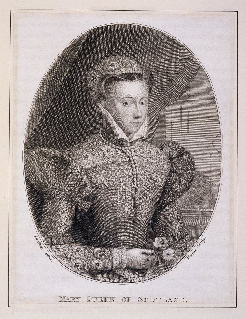 スコットランドのメアリー女王 (1542-87)、George Vertue (1684-1756) によって彫刻 (彫刻) 作： フェデリコ (後) ズッカロ