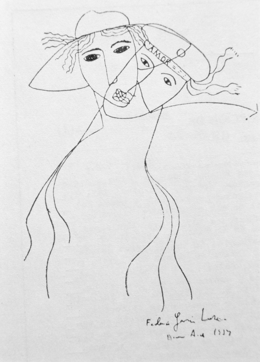 ブエノスアイレスで作られた彼自身の詩の 1 つを説明するための描画 作： フェデリコ・ガルシア・ロルカ