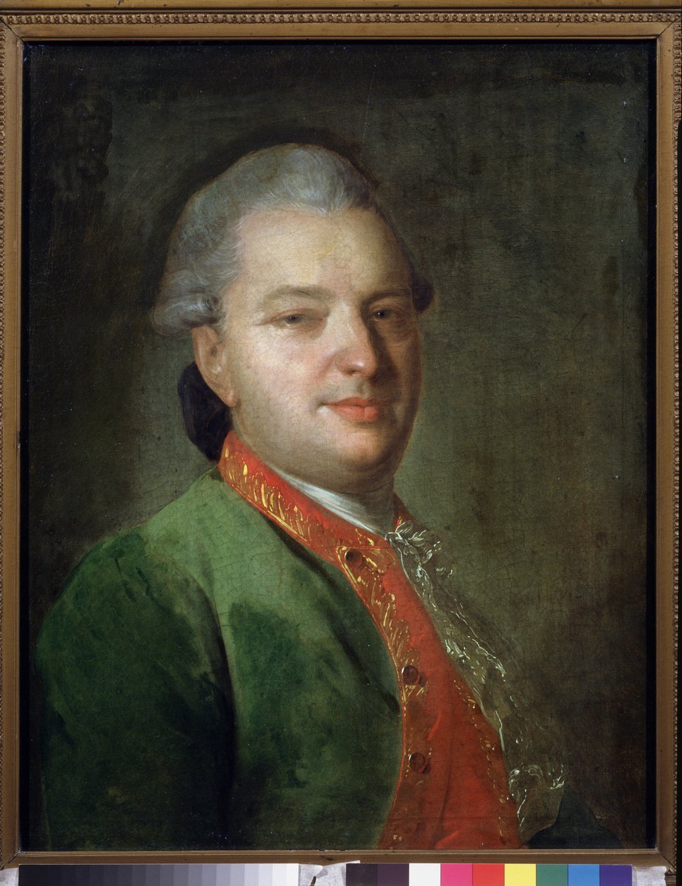 詩人ヴァシーリー マイコフ (1728-1778) の肖像画。 Fyodor (Fedor または Fiodor) Stepanovich Rokotov (1735-1808) による絵画、キャンバスに油彩、1760 年後半。18 世紀のロシアの芸術。 国立トレチャコフ美術館、モスクワ。 作： ヒョードル・ステパノビッチ・ロコトフ