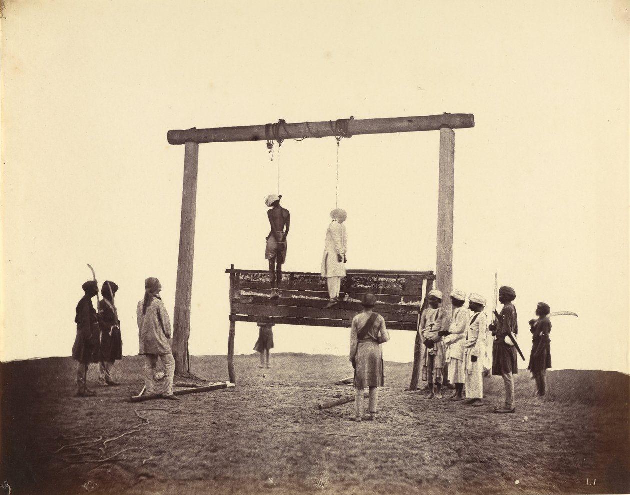 1857年、ラクナウに絞首刑にされた第31先住民歩兵連隊の2つのセポイ 作： フェリーチェ・ベアト