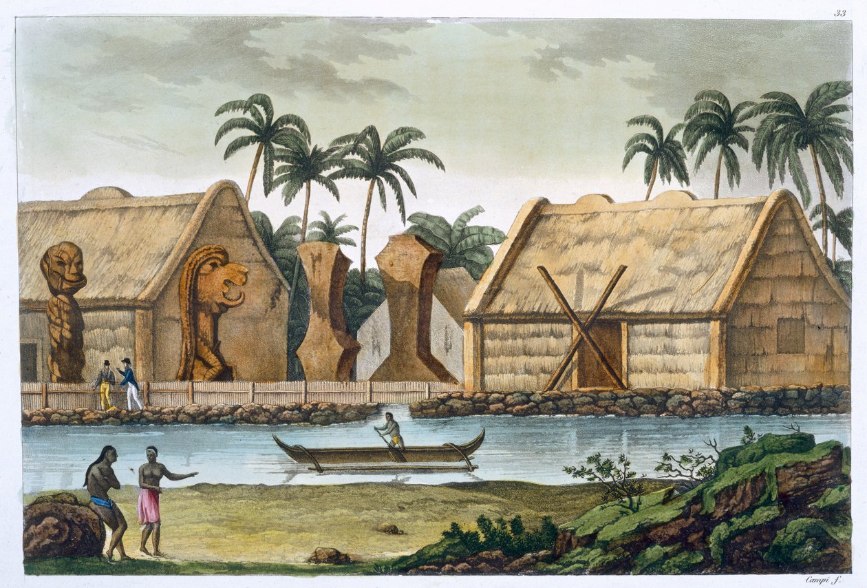 「サンドイッチ諸島のカイアカコアにあるタマハマの墓」、c1820-1839 作： フェリーチェ・カンピ
