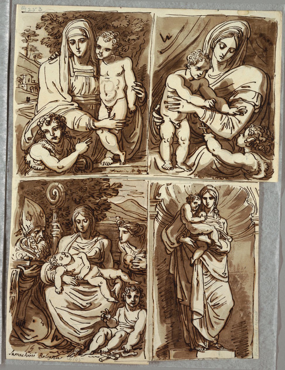 Madonna und Kind und St. Johannes, Studie nach Francia; Madonna und Kind mit St. Johannes, Studie nach Dossi; Madonna und Kind mit St. Johannes, Bischof Heiliger, St. Apollonia; Madonna und Kind in Nische, Studie nach Skulptur von Salvator Mundy von Felice Giani