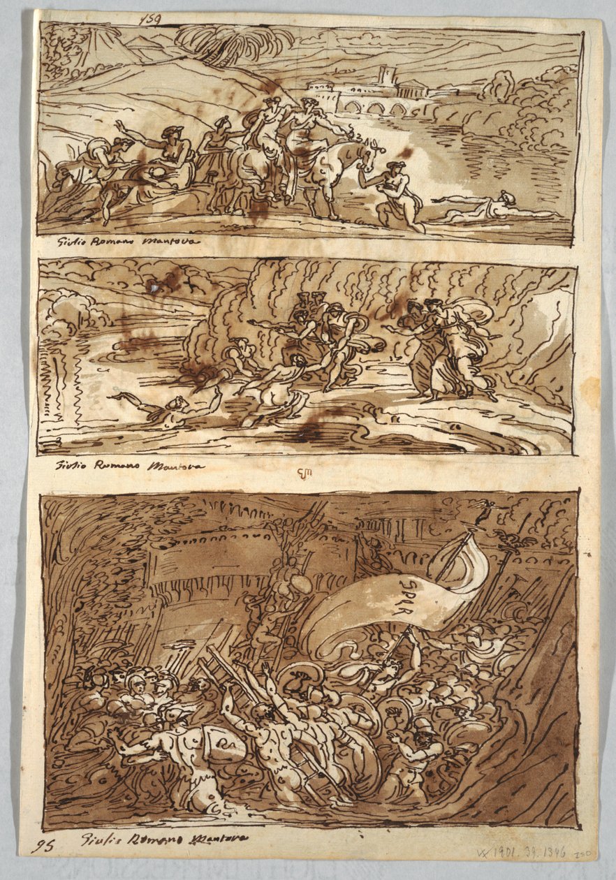 スケッチブックのページ、フォリオ 95: ジュリオ・ロマーノによる 3 枚の絵画。 裏面：ライオンとイーグル 作： フェリーチェ・ジャンニ