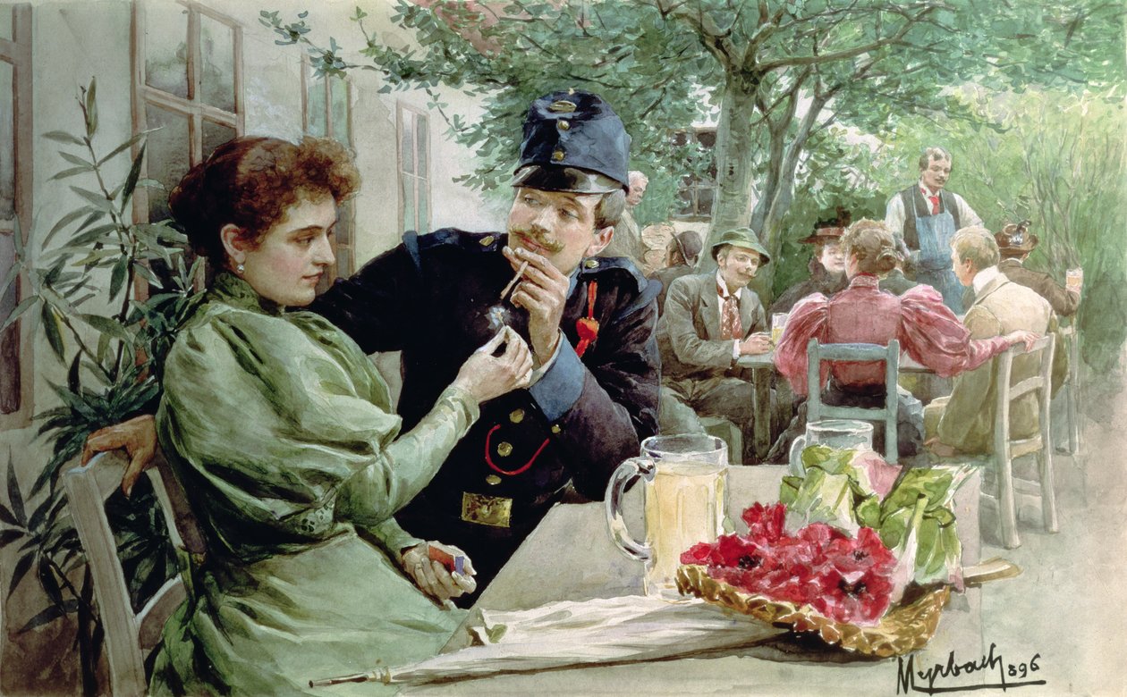 新しいワインを飲む兵士と少女、1896年 作： ミルバッハラインフェルドのフェリシアン男爵