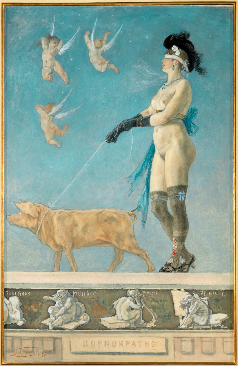 ポルノクラテス、永遠の誘惑者、イヴの娘としての女性の絵（紙にパステル、グワッシュ） 作： フェリシアン・ロップス