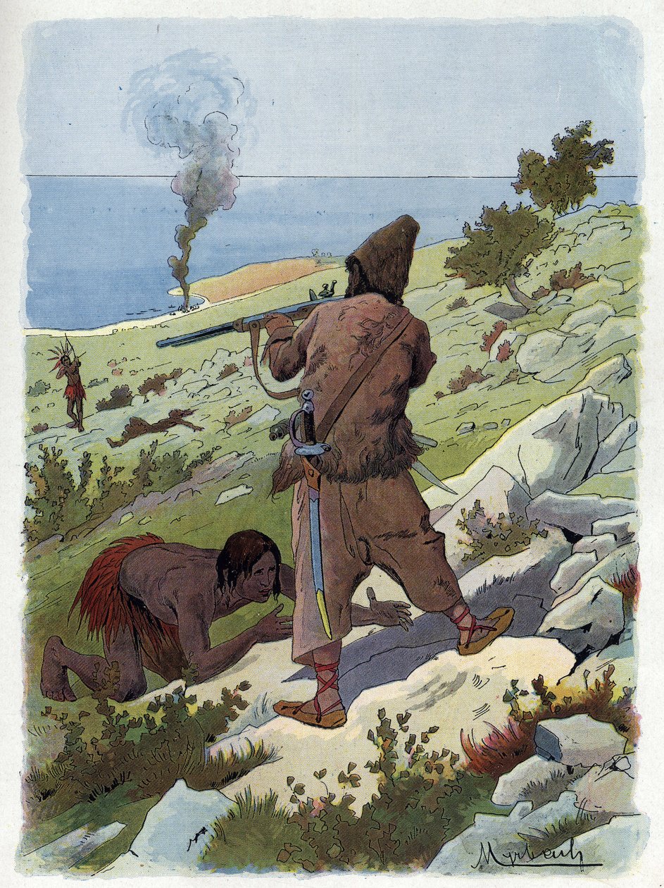 ロビンソン・クルーソーは、フライデーを追いかけてきた野蛮人を殺す。