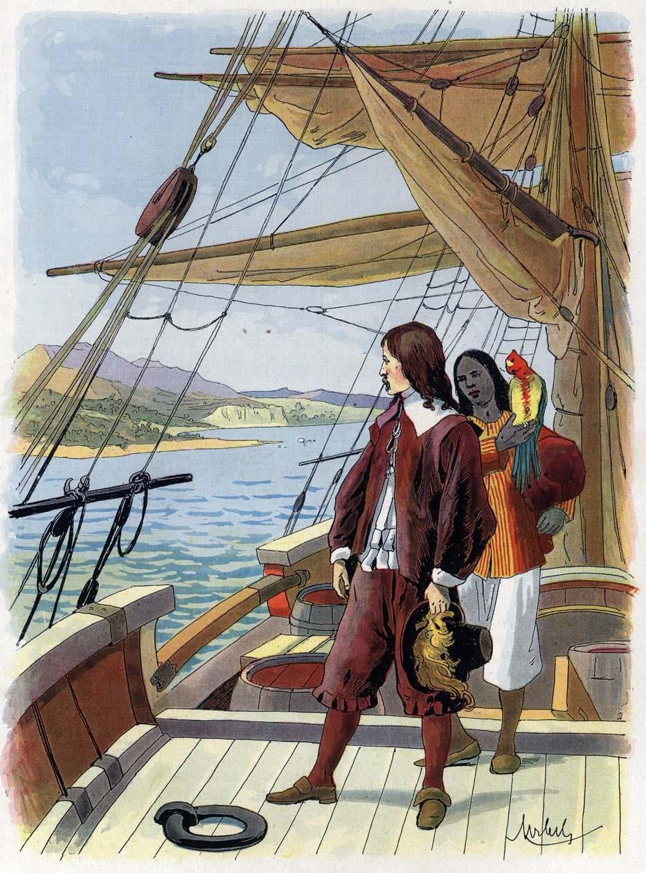 ロビンソン・クルーソー、島を出る - Felician MYRBACH MYRBACH RHEINFELD (1853-1940) For the Book of Daniel Defoe (De foe) Robinson Crusoe.の挿絵。日付はない。1934年頃 作： ミルバッハラインフェルドのフェリシアン男爵