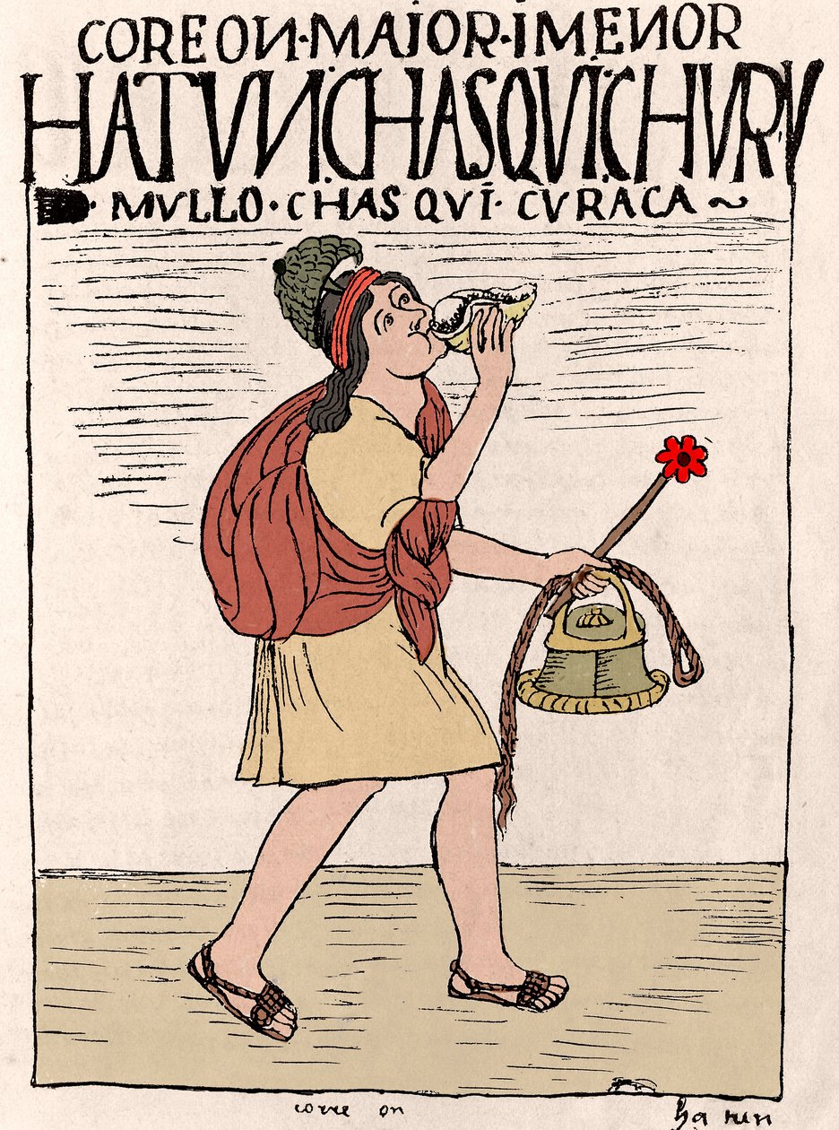 Inka-Reich: ein Chasquis (oder Chaskis), Läuferbote, mit einem Qipi auf dem Rücken und einem Quipu in der Hand - Er spielt Pututo (Trompete aus Muschelschale) - Tuschzeichnung aus dem Manuskript „Nueva coronica y buen gobierno“ von Don Felipe Puma de Ayala von Felipe Huaman Poma de Ayala