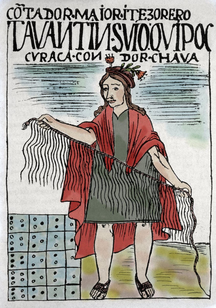 Quipu (Quipo Quipou) 縄と結び目によるインカの会計システム、インカ文化の西暦1400年から1532年、16世紀のインドのコラムニスト、フェリペ・グアマン・プーマ・デ・アヤラ（Nueva Coronica y buen Gobierno）の手稿。 作： フェリペ・フアマン・ポマ・デ・アヤラ