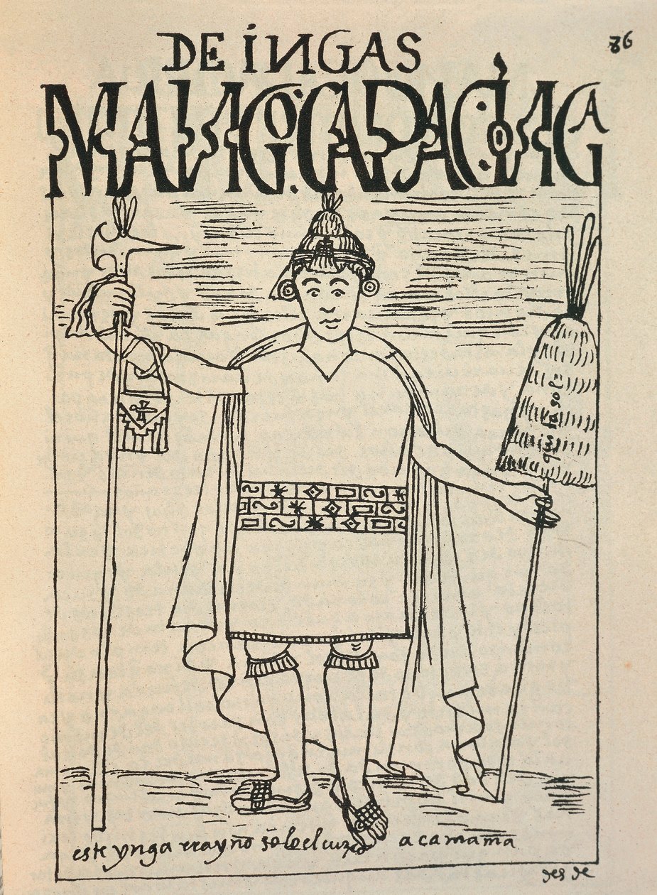 インカの伝説的な創始者であり、インカ神話の人物であるマンコ・カパックを表現したもの（墨絵 作： フェリペ・フアマン・ポマ・デ・アヤラ