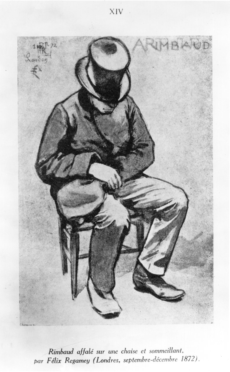 1872年ロンドン、アーサーランボー（1854-91）が椅子に腰を下ろして居眠り（紙の上にインクを洗う） 作： フェリックス・レガミー