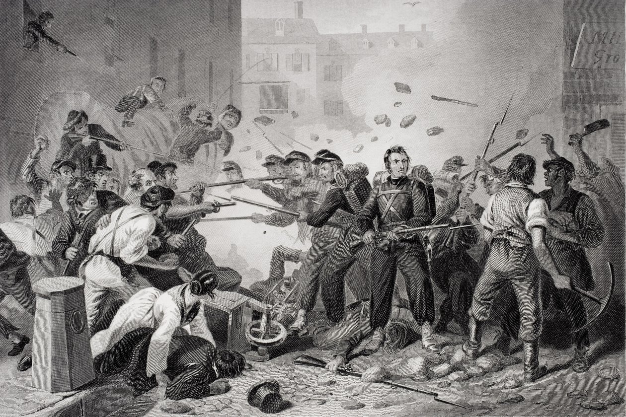 1861年ペンシルベニア州ボルチモアを通過するマサチューセッツ民兵 作： フェリックスオクタヴィウスカーダーリー
