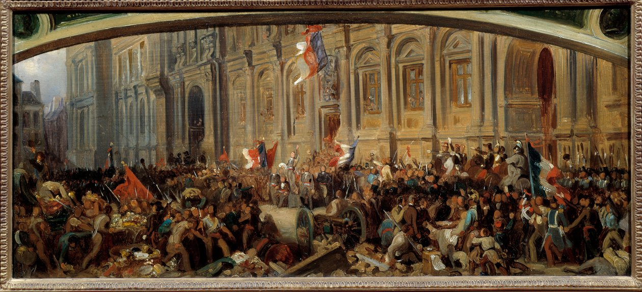 1848年の革命。"アルフォンス・ド・ラマルティーヌ（1790-1869）、フランスの作家・政治家、1848年2月25日に市庁舎で赤旗を拒否する。"フェリックス・フィリポトー（1815年頃〜1884年）の絵画 作： フェリックス（後）フィリッポトー