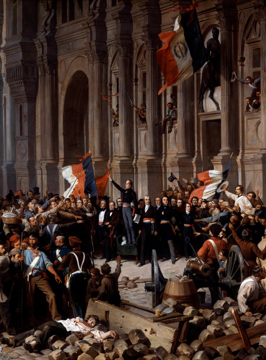 1848年の革命。アルフォンス・ド・ラマルティーヌ（1790 - 1869）、赤旗を三色旗に変えることを拒否、市庁舎にて。1848年2月26日、パリ。アンリ・フェリックス・フィリポトー（1815 - 1884）の絵画の詳細、パリ、プティ・パレ美術館 - 1848年の革命 作： フェリックス（後）フィリッポトー