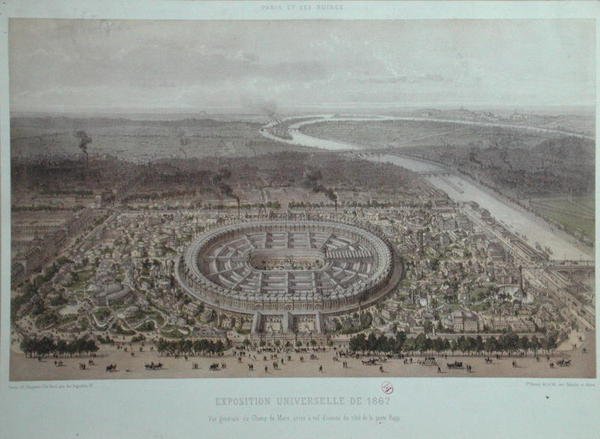 1867年のパリ万国博覧会の全景、ラップ門から撮影（カラーリトグラフ） 作： フェリックス・ブノイスト