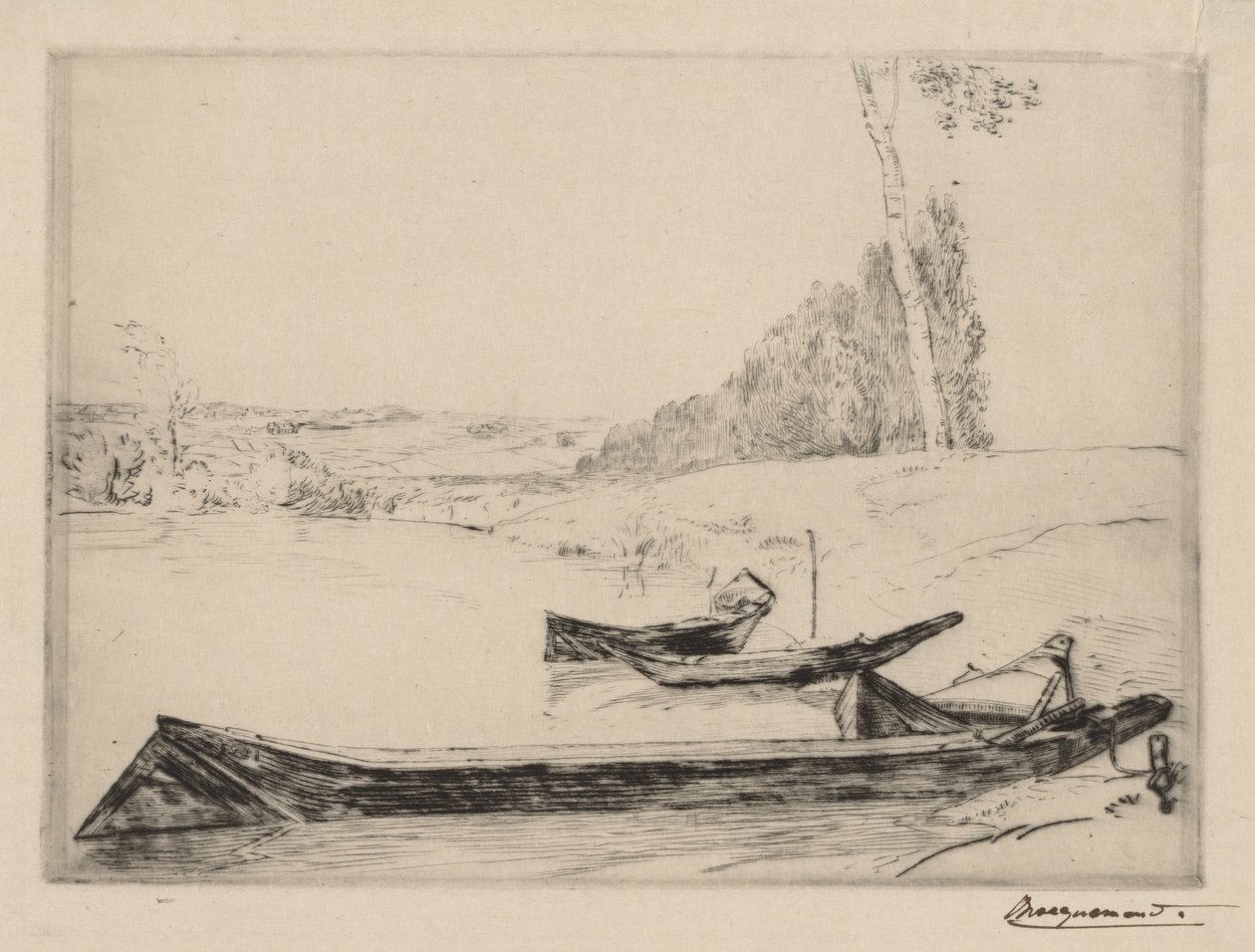 セーヌ川のほとりにある小さなフェリーボートc。 1858年。 作： フェリックス・ブラクモンド