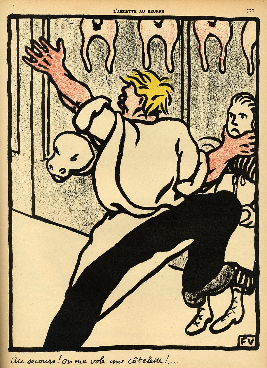 1902年3月1日、「L&39;Assiette au Beurre」の特別版「Crimes and Punishments」から、肉屋が首を押さえて助けを求める 作： フェリックス・エドゥアール・ヴァロットン