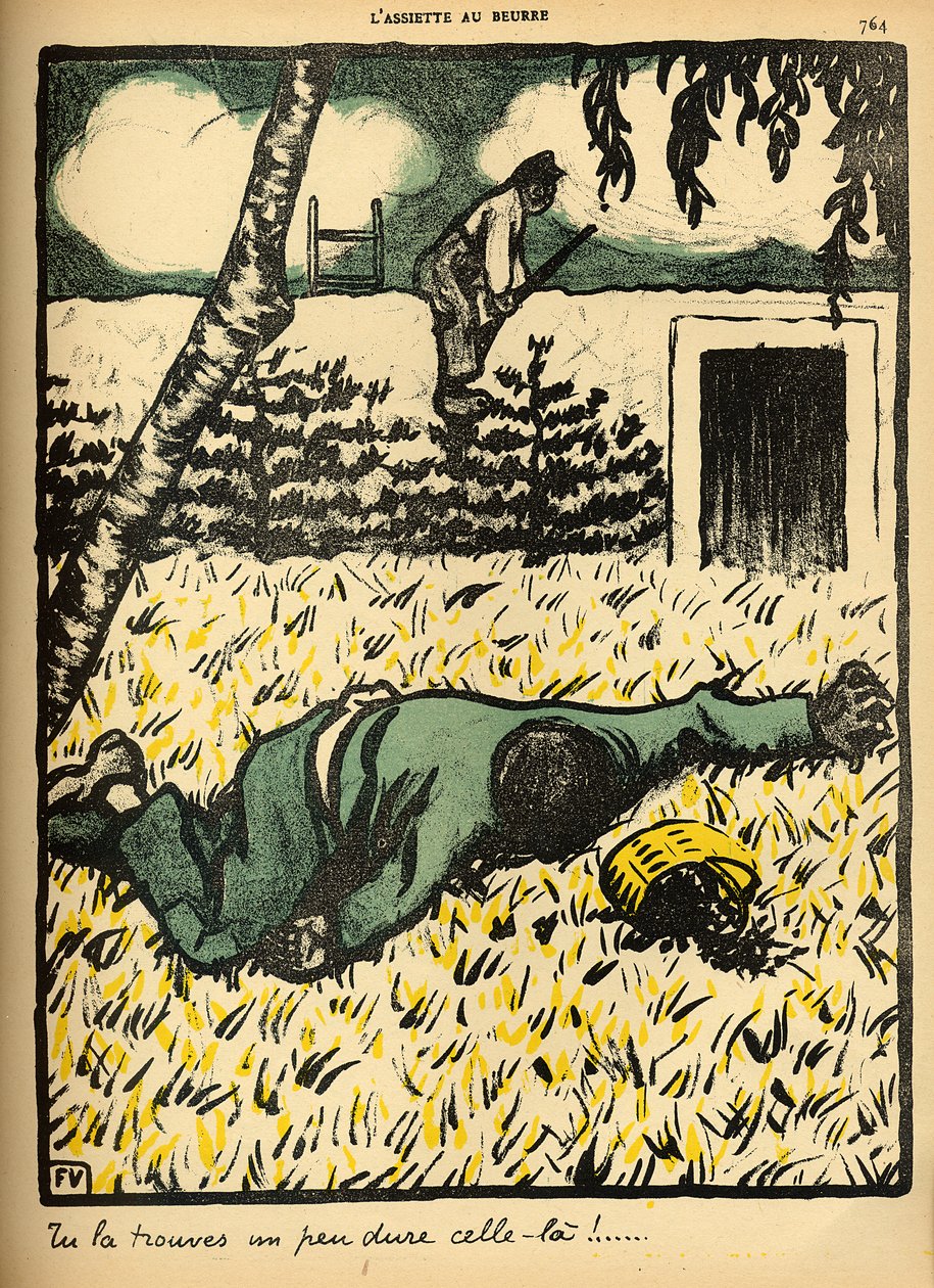 1902年3月1日、「L&39;Assiette au Beurre」の特別版「Crimes and Punishments」から、農民が彼のツリーから梅を盗んで捕まったトランプを撃ちます。 作： フェリックス・エドゥアール・ヴァロットン