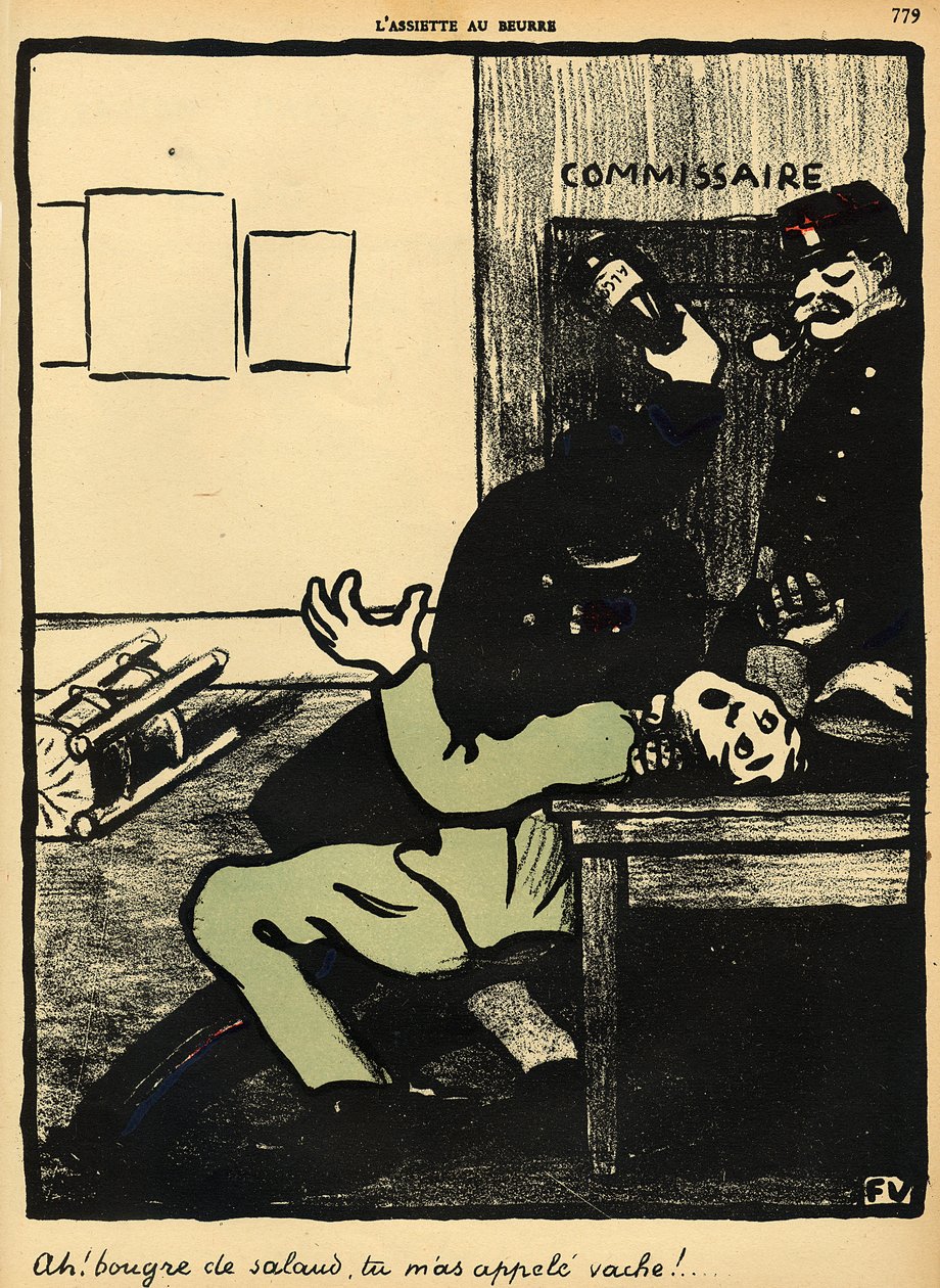 1902年3月1日、「L&39;Assiette au Beurre」の特別版「Crimes and Punishments」から、警察官が警察署で男をボトルで殴る 作： フェリックス・エドゥアール・ヴァロットン