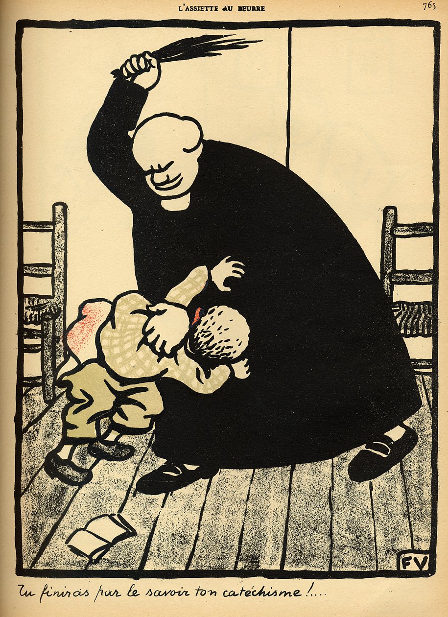 1902年3月1日、「ラシエットオブール」の特別版「犯罪と罰」から、司祭が少年を倒しました。 作： フェリックス・エドゥアール・ヴァロットン