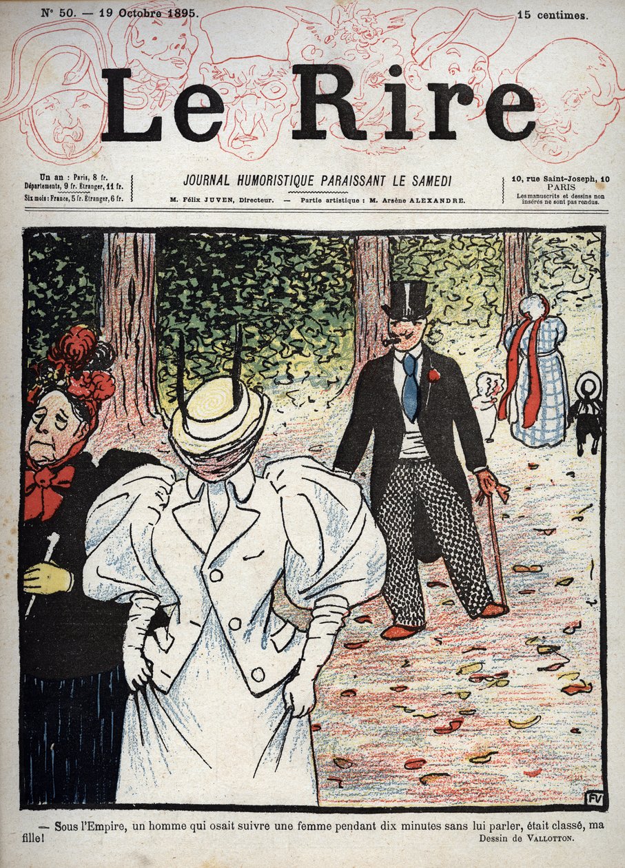 新聞「” Le Rire”」の表紙、1895年10月10日、n°50：帝国の下で、女性と話をせずに10分間も女性を追いかけていた男性は、上品でした。私の娘です！ 「」Felix Vallottonによるドローイング 作： フェリックス・エドゥアール・ヴァロットン