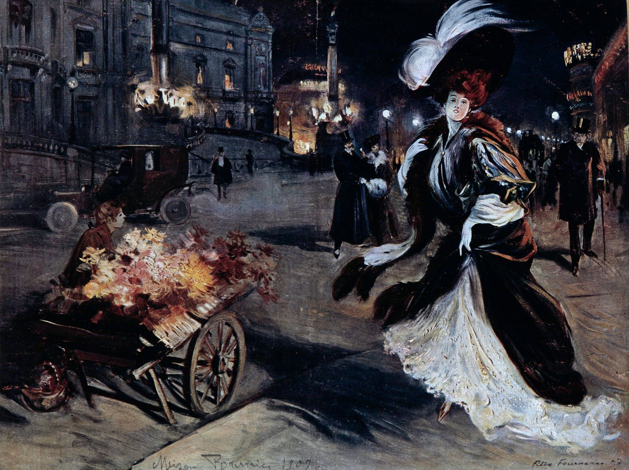 ベルエポック。夜のパリの街で白鷺を連れた女性。フェリックス・フルネリー（1865-1938）によるイラスト 作： フェリックス・フルネリー