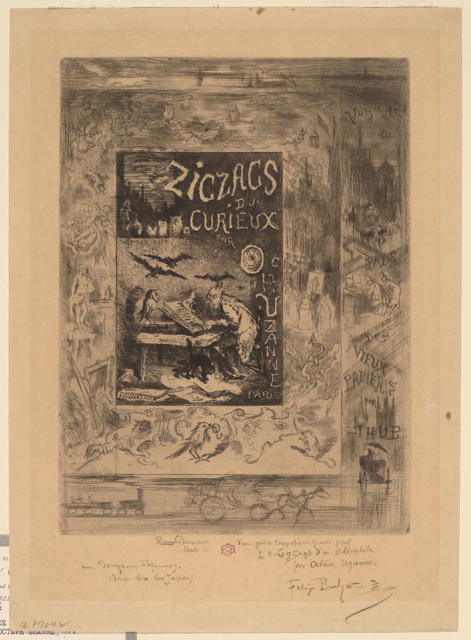 1888年、オクターヴ・ウザンヌ作「キュリューのジグザグ」の口絵。 作： フェリックス・ヒレール・ブホ