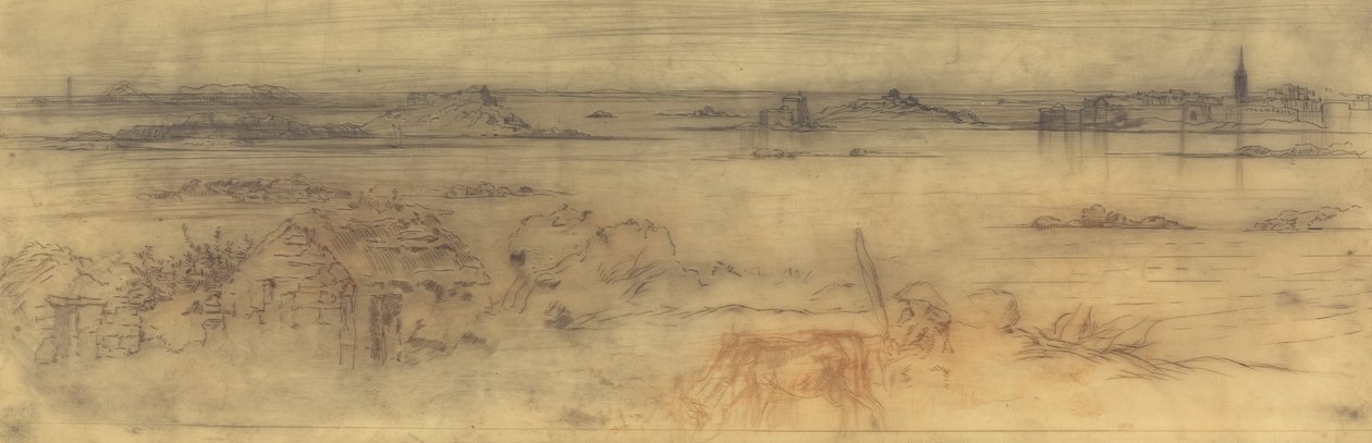 右に要塞都市、左に島々、手前にコテージがある海の風景 作： フェリックス・ヒレール・ブホ