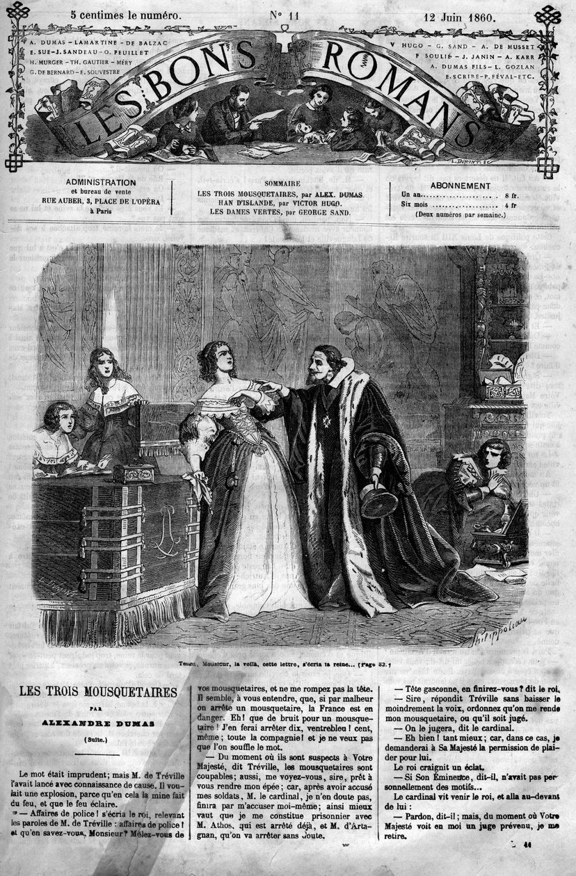 ローマの連載。"アレクサンドル・デュマ(1802-1870)の「三銃士」。夫のルイ13世から不倫を疑われたオーストリア王妃アンヌ（1601-1666）は、自分が書いたとされるバッキンガム公爵への手紙を首相に届けなければならない。 作： フェリックス・フィリポトー
