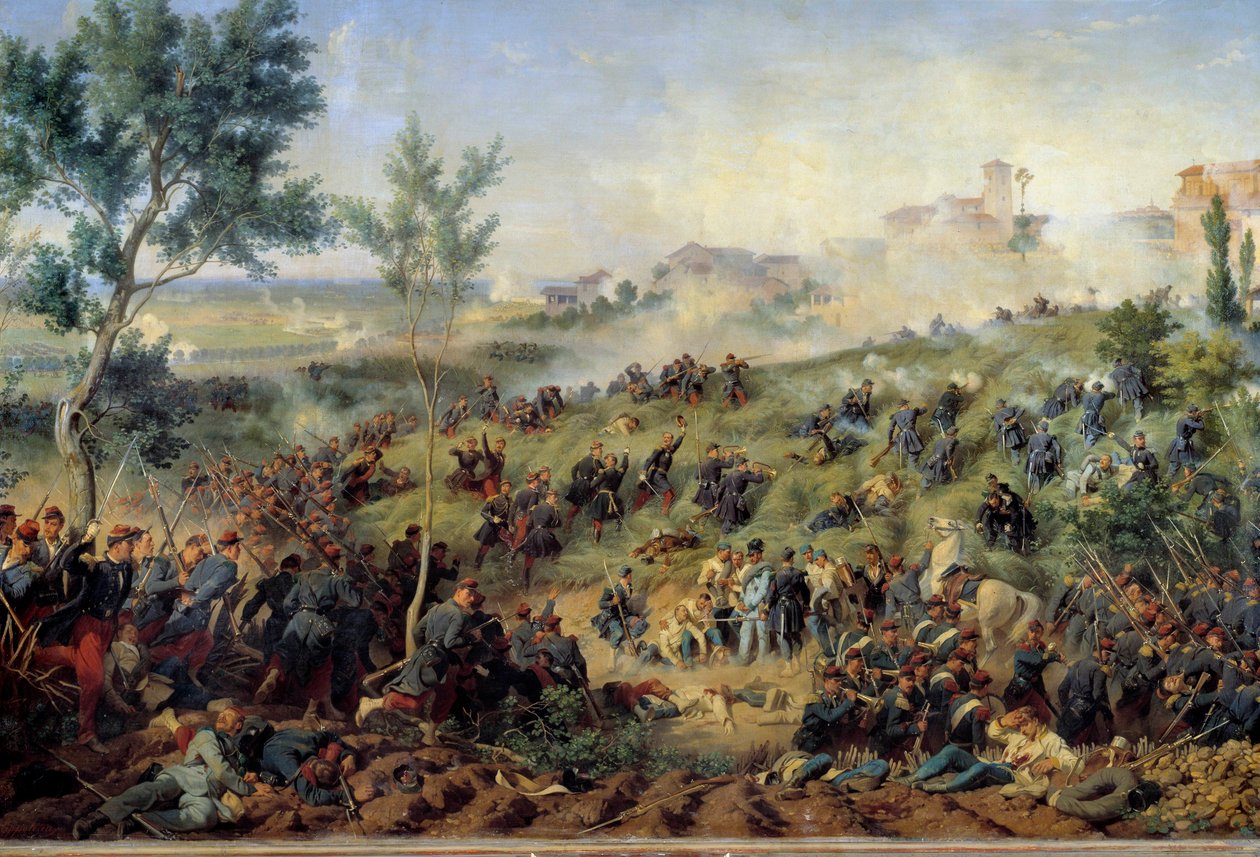 モンテベロ・ディ・カステジオの戦いの眺め 1859年05月20日 フランスがオーストリア軍に勝利する。Henri-Felix-Emmanuel Philippoteaux（1815-1884）による絵画 1862年。薄暗い。1x1.5m パリ、Musee de l