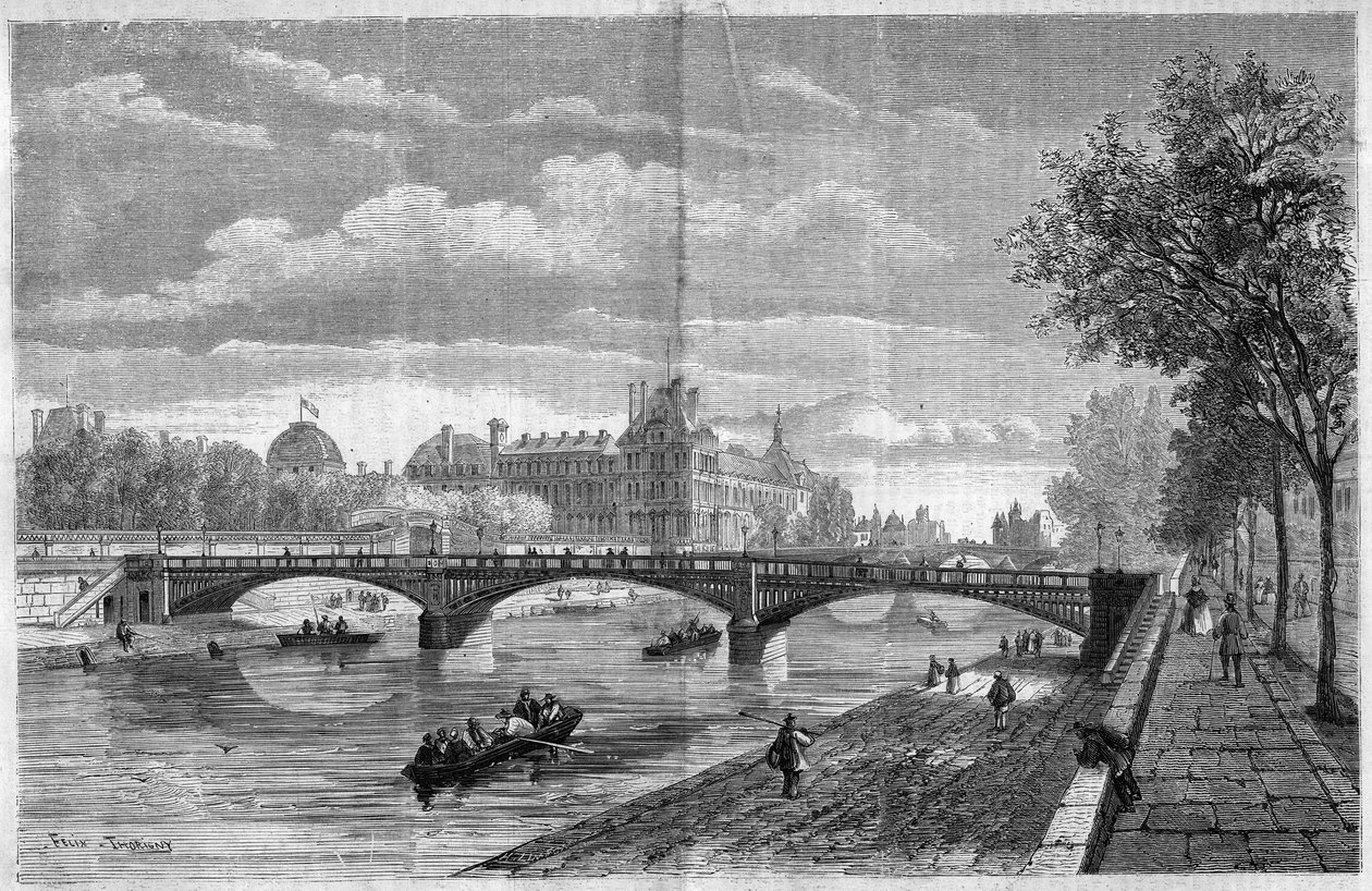 Architektur: Ansicht der Solferino-Brücke in Paris. Erbaut von Ingenieur Paul Martin Gallocher de Lagalisserie (1805-1871) und 1861 eingeweiht, wurde sie 1960 abgerissen und durch die Senghor-Brücke (Solferino-Brücke) ersetzt. Gravur von Felix Thorigny. von Felix Thorigny