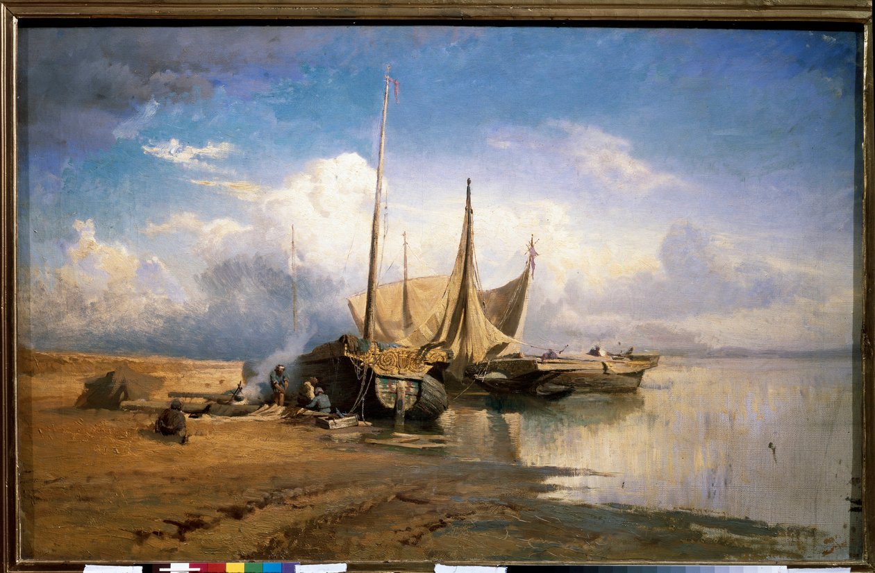 Blick auf die Wolga, Boote. Gemälde von Fyodor Vasilyev (1850-1873), Öl auf Leinwand von Feodor Alexandrovich Vassiliev