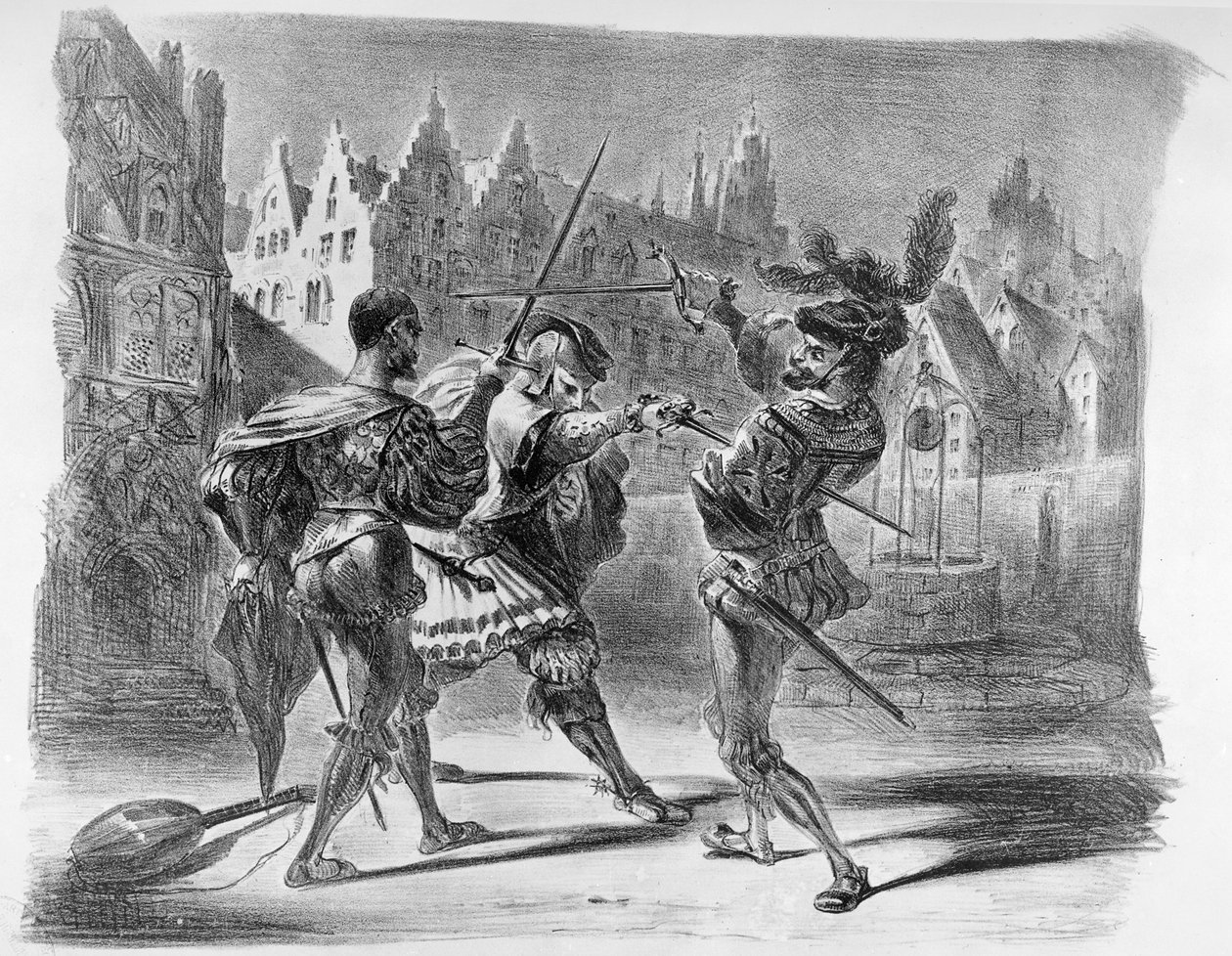 ゲーテのファウストからのファウストとバレンタインの決闘、1828年後（イラスト）、（リトグラフのbw写真） 作： フェルディナンド・ビクター・ユージン・ドラクロワ