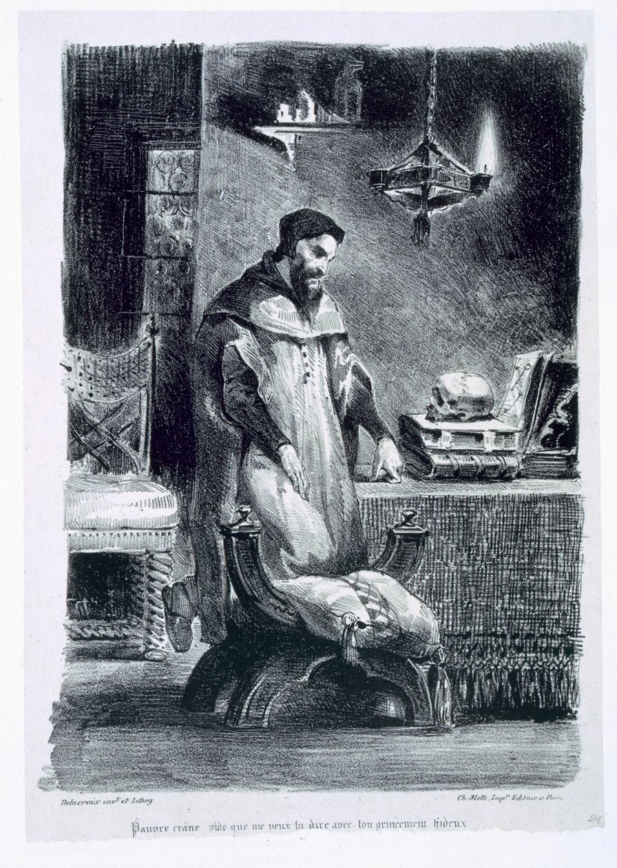 ゲーテのファウストからの彼の書斎のファウスト、1828年（イラスト）、（リトグラフのbw写真） 作： フェルディナンド・ビクター・ユージン・ドラクロワ