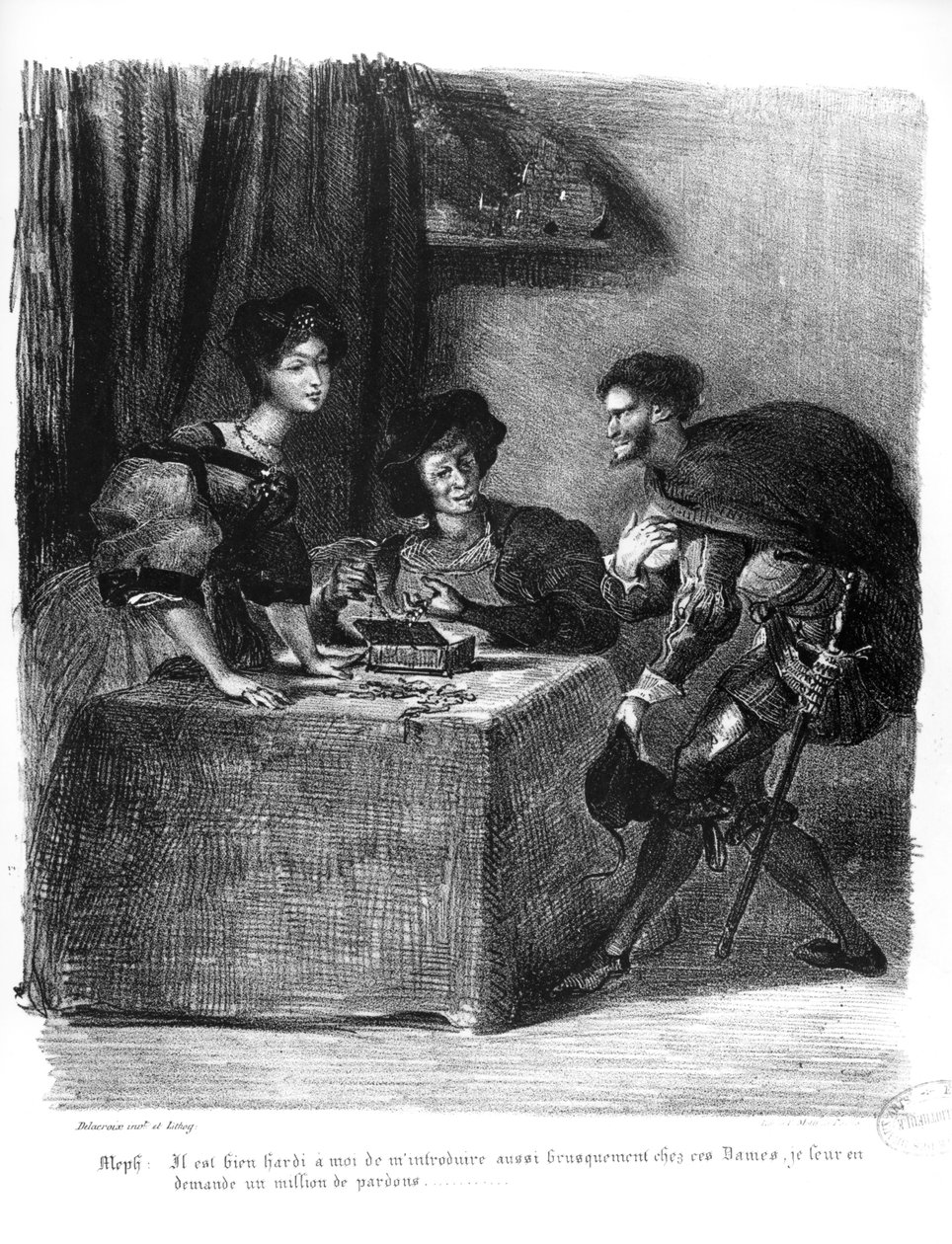 ゲーテのファウストからのメフィストフェレス、マーサとマルグリット、1828年（イラスト）、（リトグラフのbw写真） 作： フェルディナンド・ビクター・ユージン・ドラクロワ